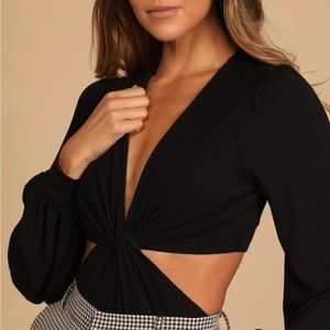 Lulu’s Black-Twist Front Cutout Long Sleeve Bodysuit